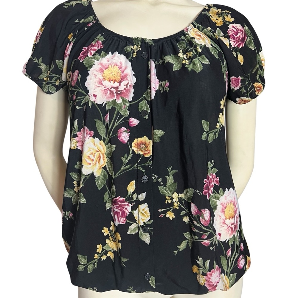 Lavish Black Floral Blouse Faux Button Front Stretch Waist arms Size Medium